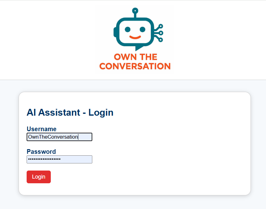 Secure Own The Conversation digital twin client login screen