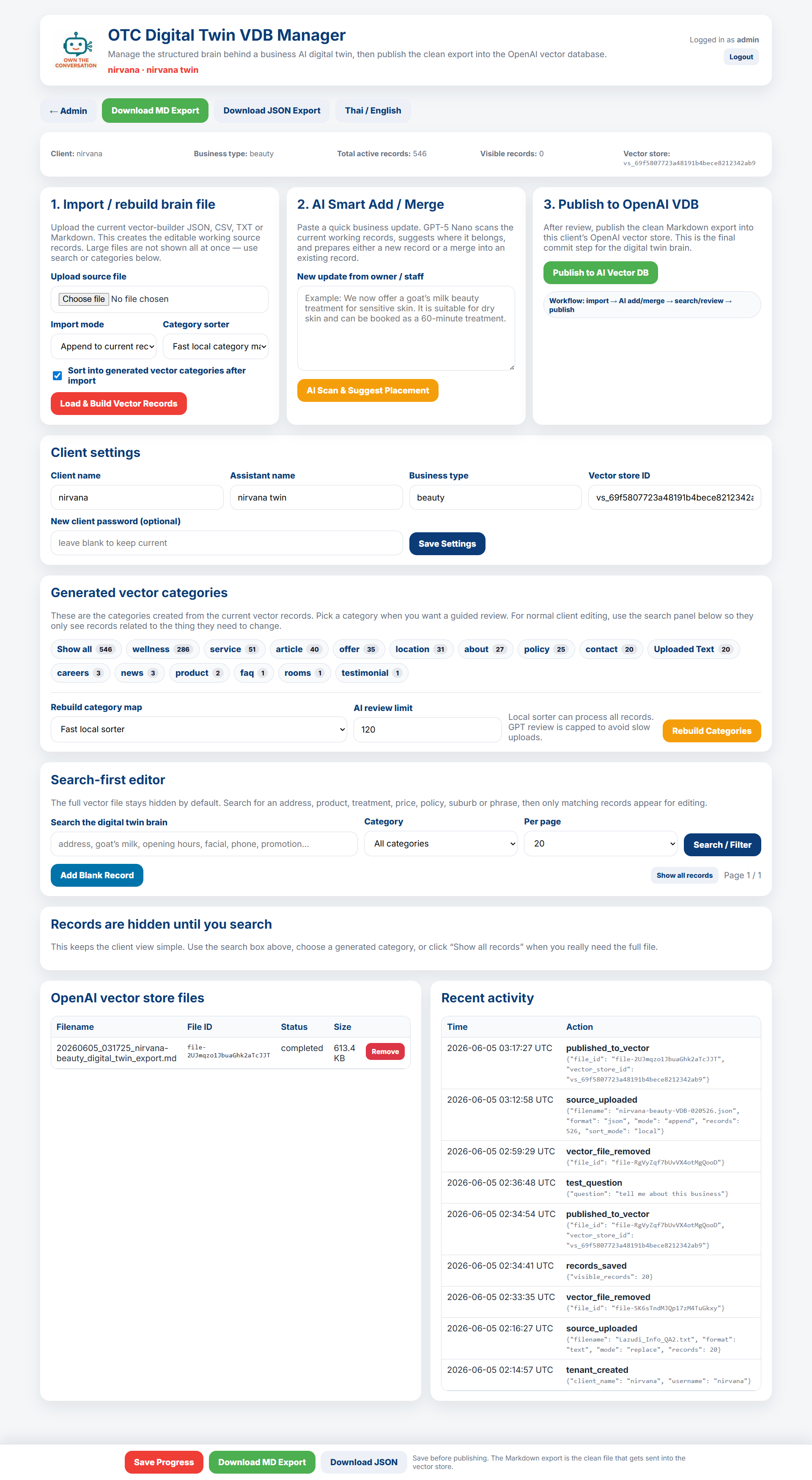 Own The Conversation VDB Manager dashboard