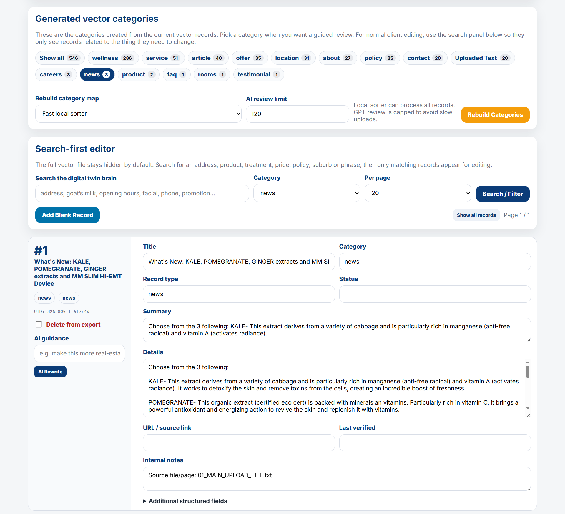 Search-first record editor for digital twin business knowledge