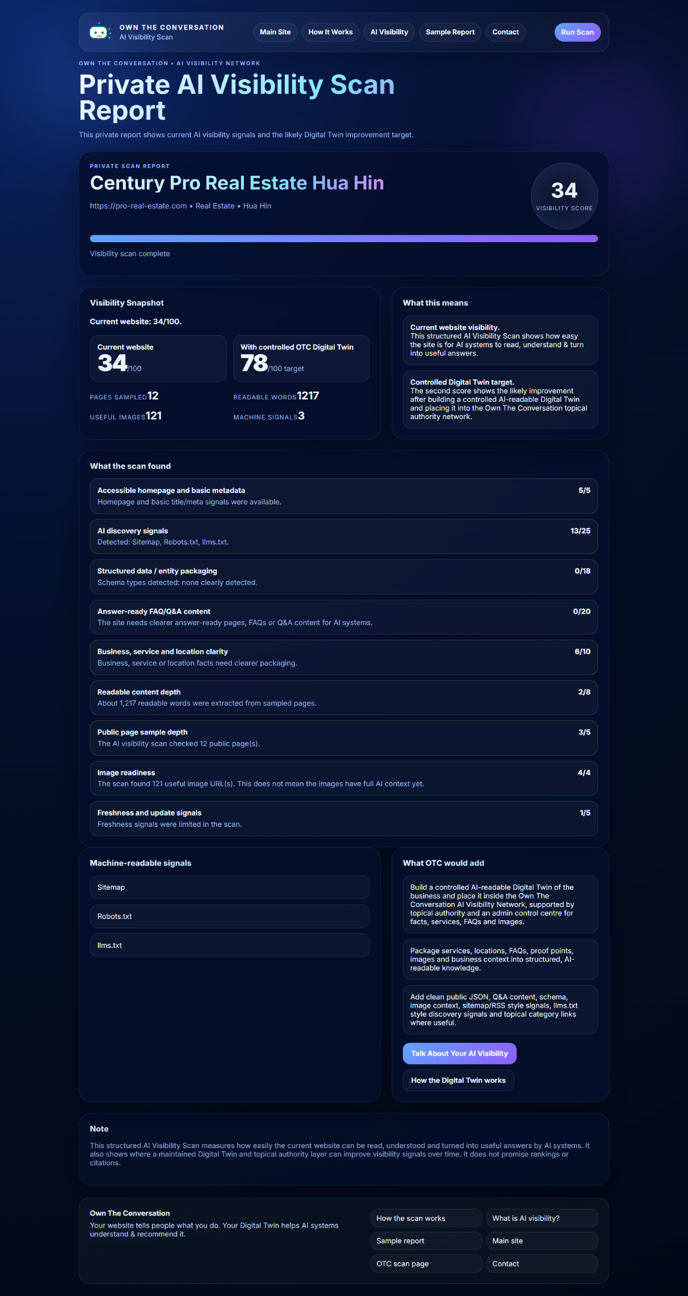 Example AI Visibility Scan for an existing website