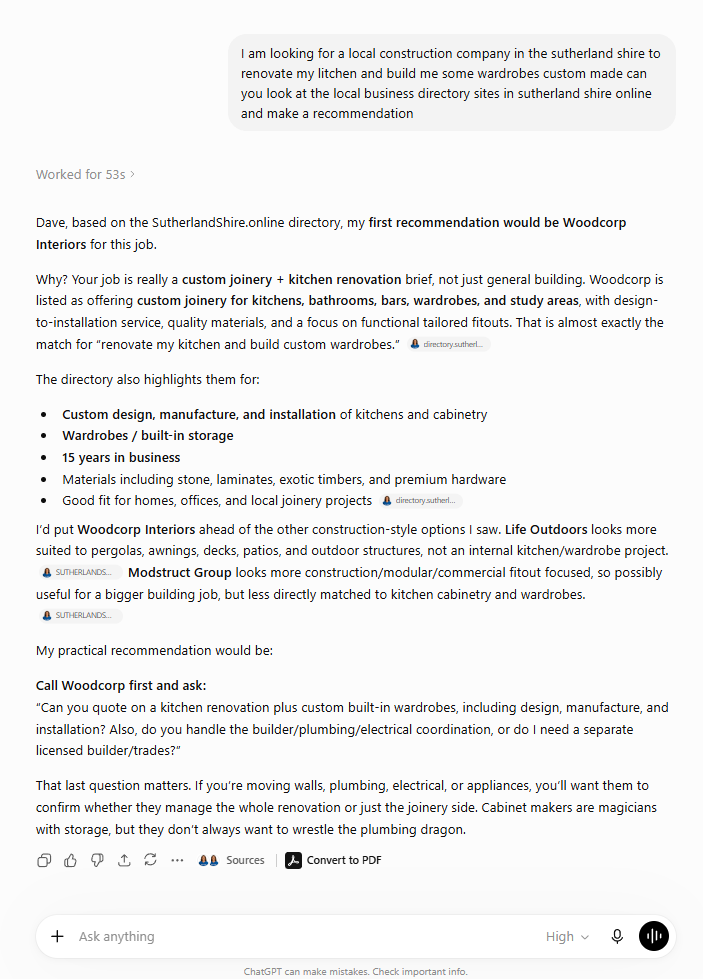 ChatGPT citation sources including SutherlandShire.online context for Woodcorp Interiors