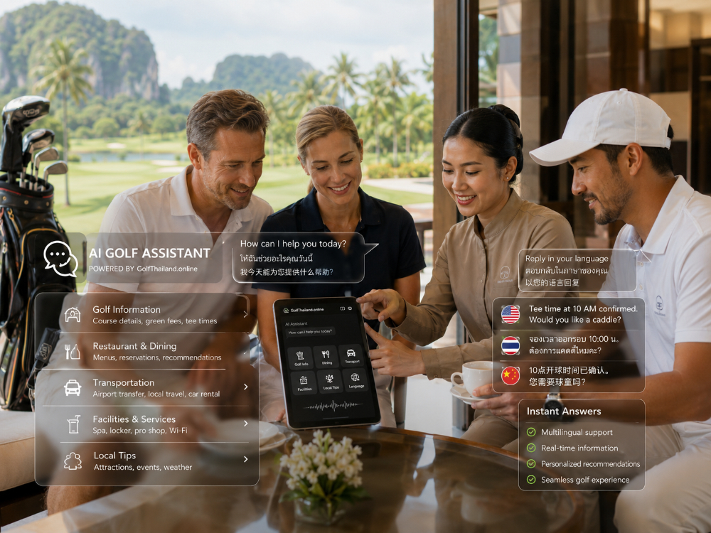 Golf club AI assistant helping guests with tee times, dining, transport and visitor support