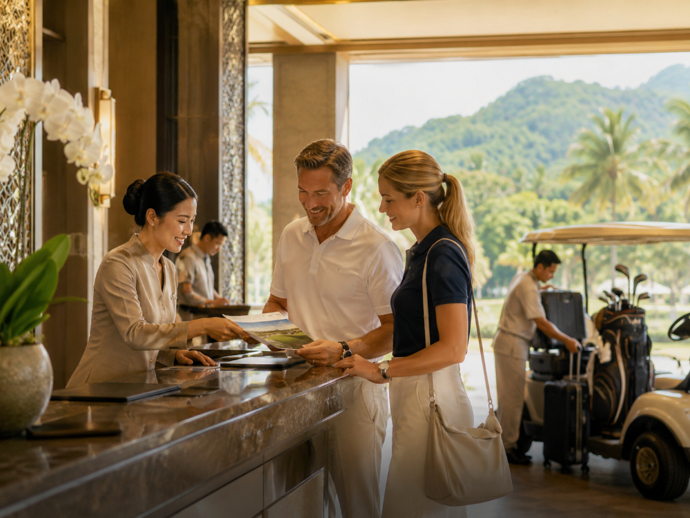 Golf club reception team checking in guests at a Thai golf resort
