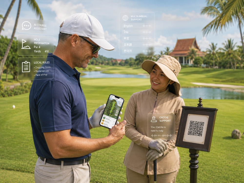 Golfer checking an AI golf course assistant with a Thai caddie on course