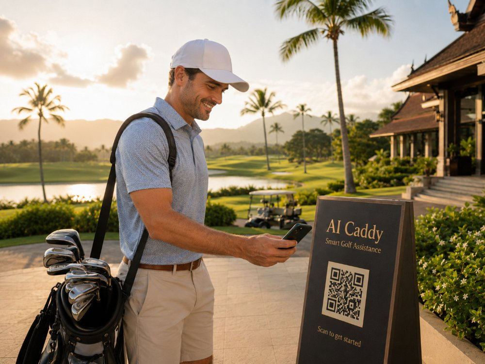 Golfer scans an AI Caddy QR code at a Thai golf resort