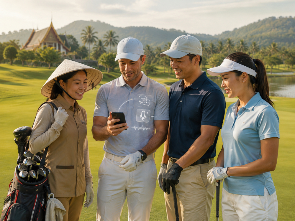 Golfers checking a course app on a Thai golf course with caddie support