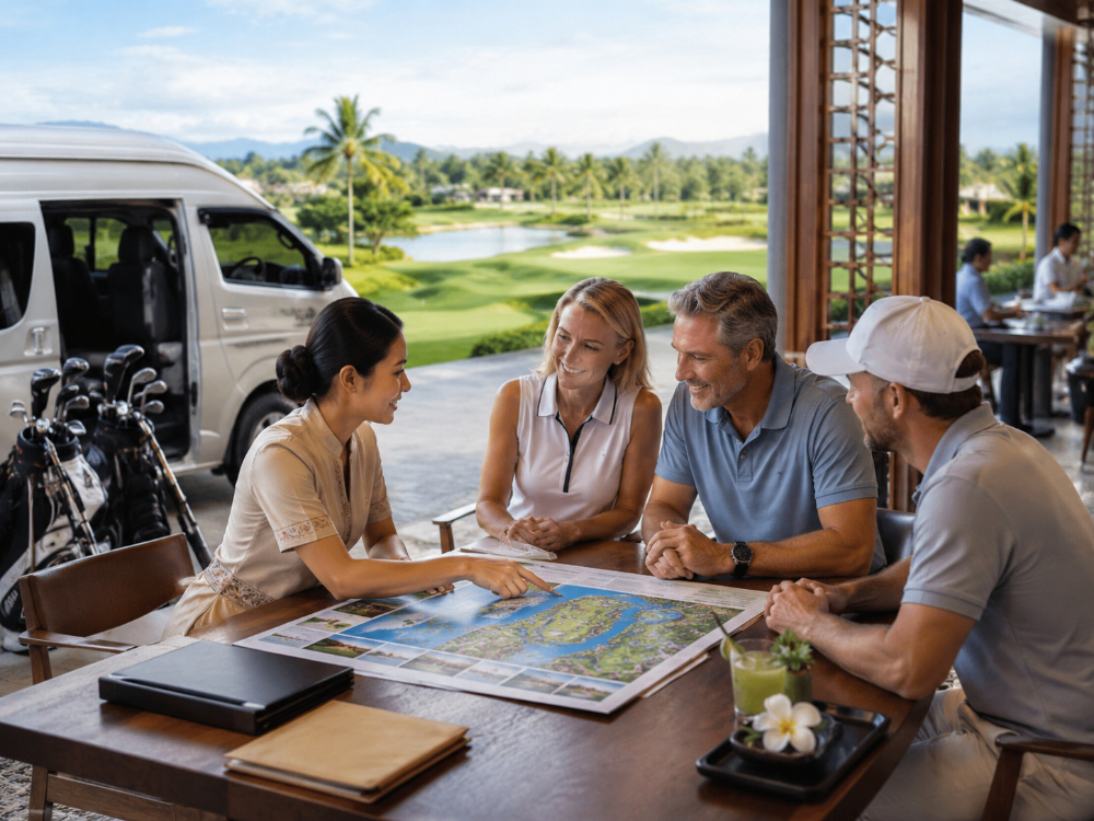 Golf tour operator planning a course layout and itinerary with visiting golfers