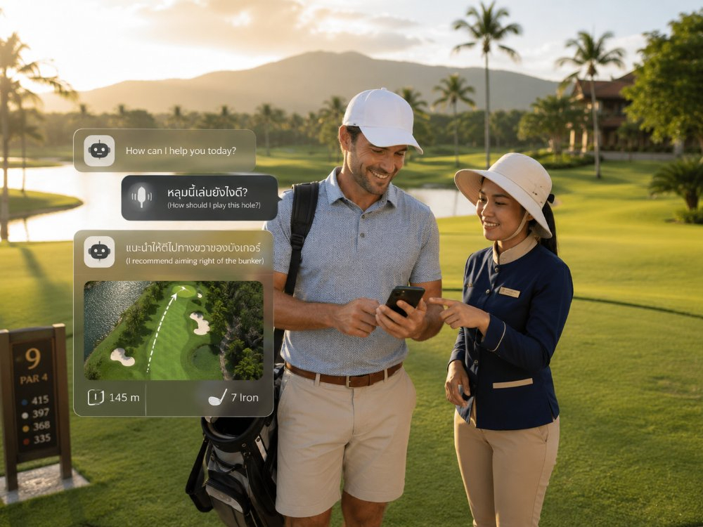 Golfer and Thai caddy using multilingual AI Caddy assistance on the golf course