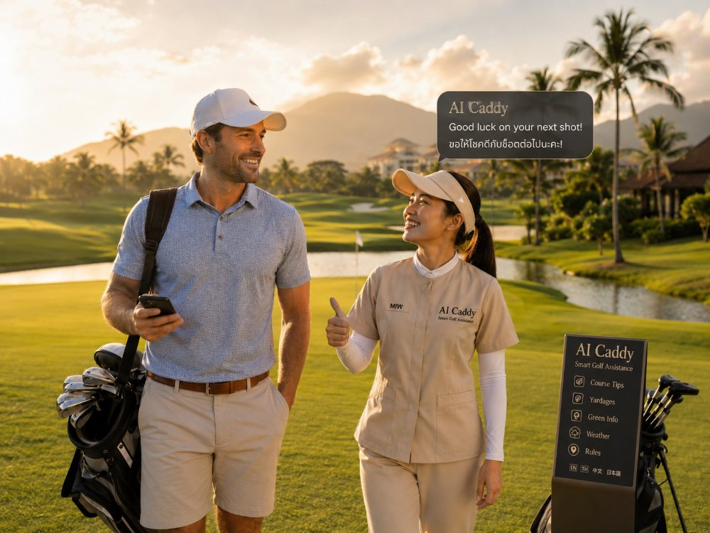 Golfer and Thai caddy walking happily with AI Caddy support on a Thai golf course