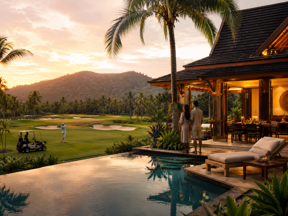 Luxury golf villa overlooking a tropical Thai golf course