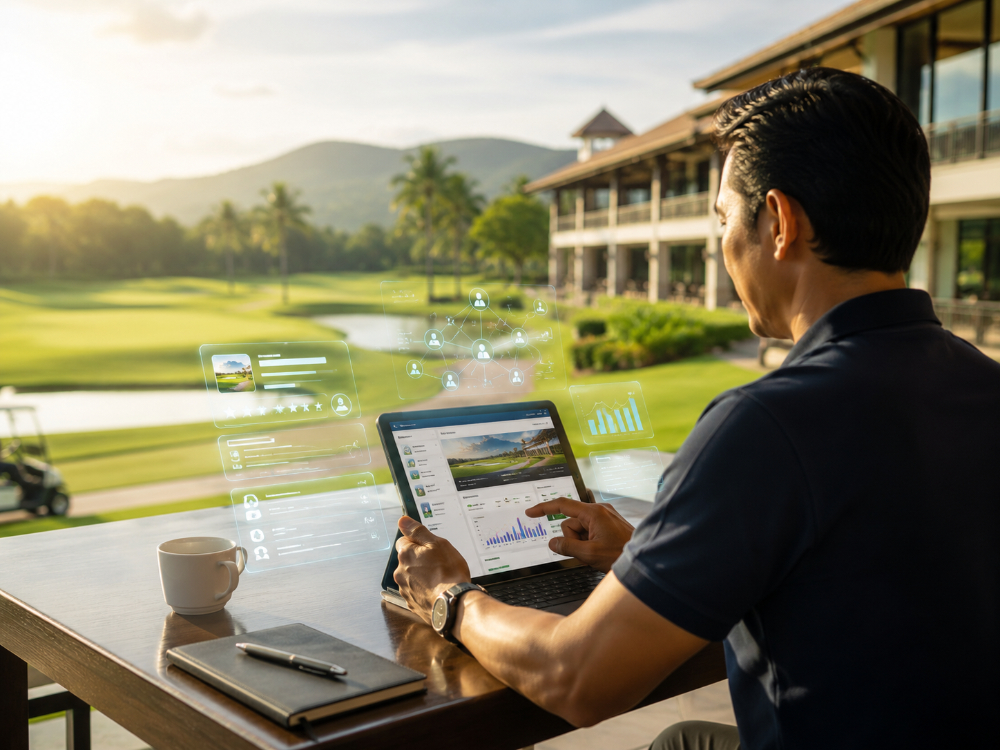 Golf business owner reviewing an AI-ready digital twin dashboard on a tablet