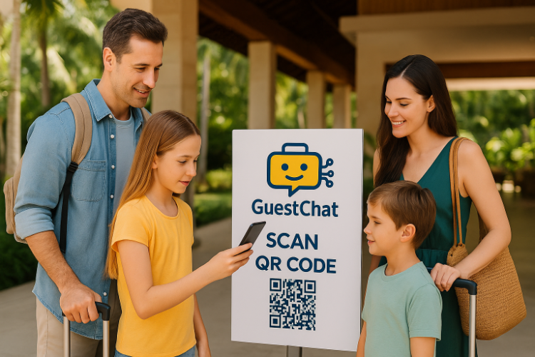Family scanning a GuestChat QR code at a hotel check-in area