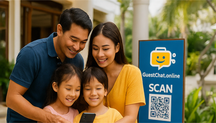 Family using a digital concierge guest service on a hotel stay