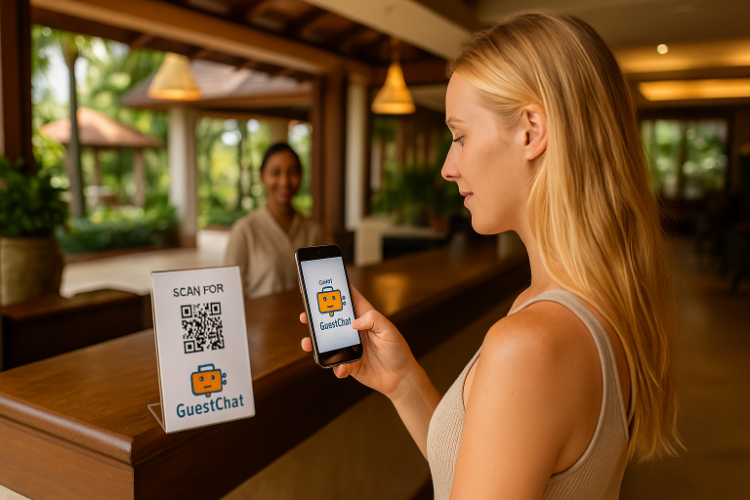 Hotel guest using a digital concierge on a smartphone in the lobby