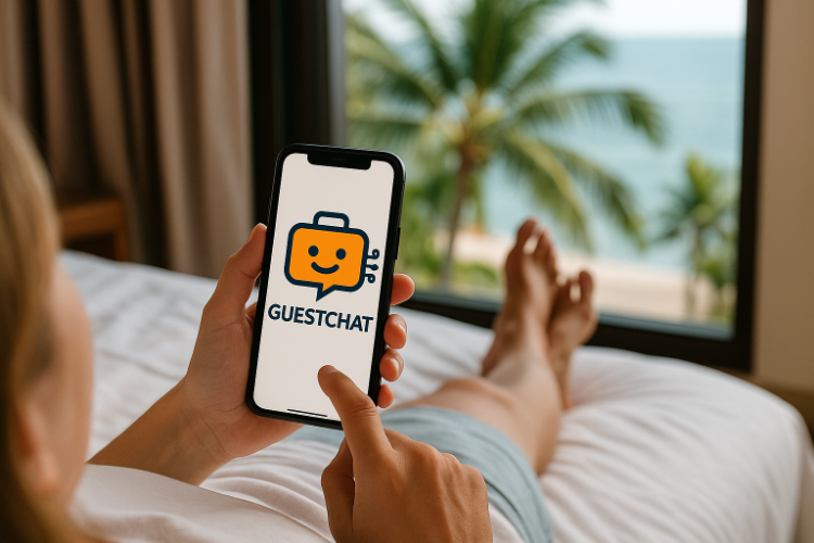 Guest using a hotel app in a room with a resort view