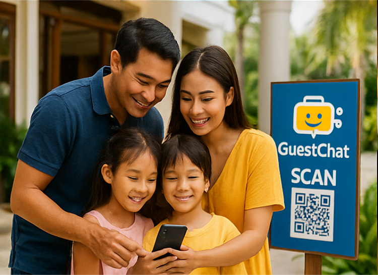 Family using a hotel guest chat service on a smartphone