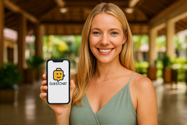 Hotel guest using mobile chat app for guest service