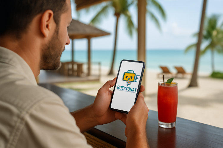 Guest using phone by a beach bar at a resort