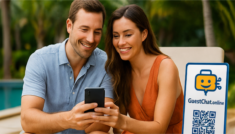 Hotel guests using mobile chat outdoors at a resort