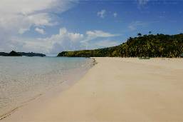 Sandy beach with clear water and coastal landscape view