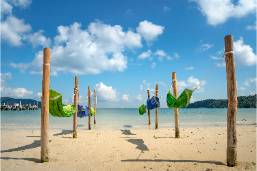 Hammocks on poles set up on a sandy beach by the sea