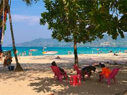 Beach area with chairs and shaded seating near the water
