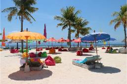 Beach area with umbrellas and lounge chairs for guests
