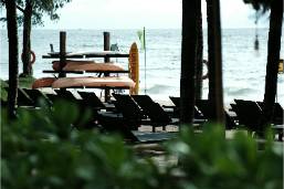 Hotel beach area with lounge chairs and water view
