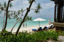 Beachfront area with lounge chairs and umbrellas by the ocean