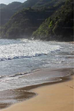 Sandy beach with waves and forested hills in the background