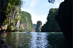 Water view between rocky cliffs near hotel waterfront area
