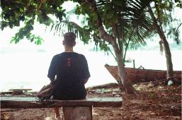 Hotel guest sitting on a bench under a tree near the beach