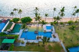 Outdoor pool area with nearby beach and palm trees
