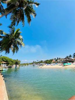 Calm water and sandy beach area with boats and palm trees