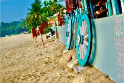 Beachfront area with shaded seating and palm trees nearby
