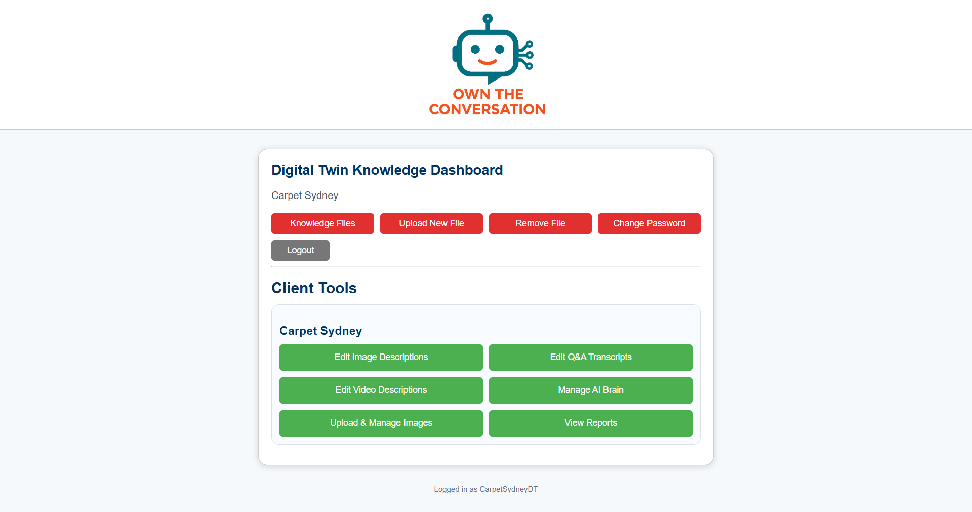 Own The Conversation Digital Twin Knowledge Dashboard with client tools and management buttons