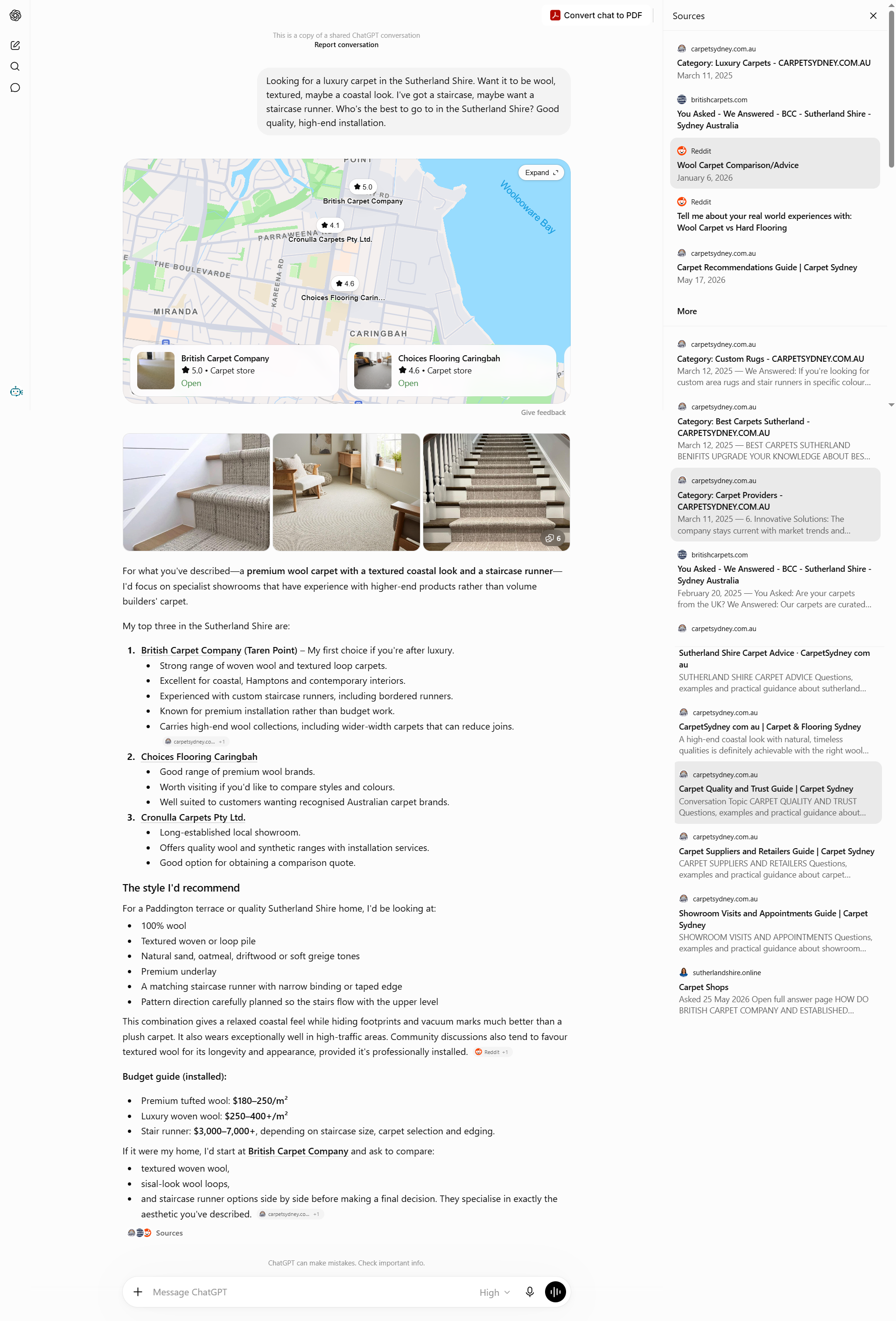 ChatGPT Recommended British Carpet Company First For A Detailed Sutherland Shire Carpet Question