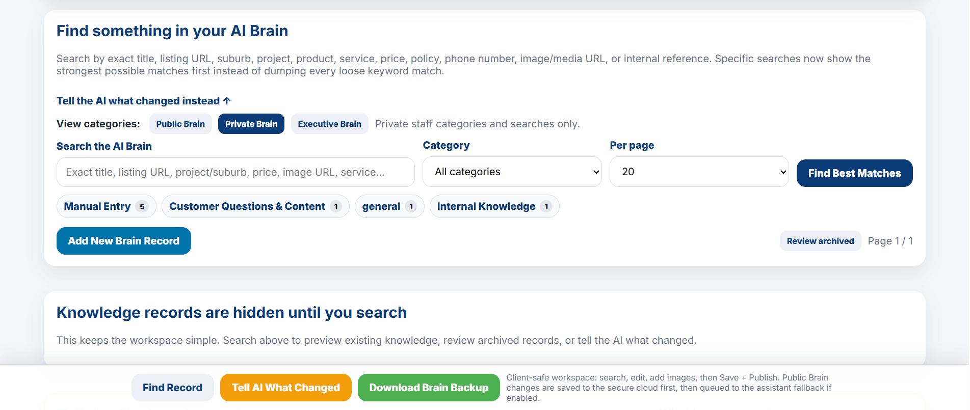 Own The Conversation Public Private and Executive Brain selection screen