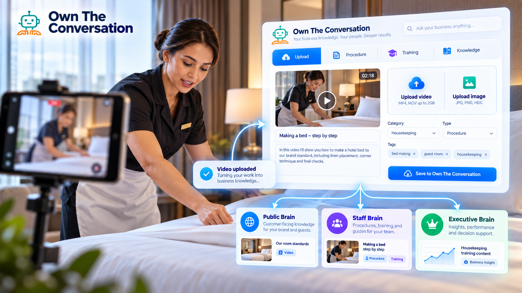 Hotel staff member recording a procedure for the Business Brain
