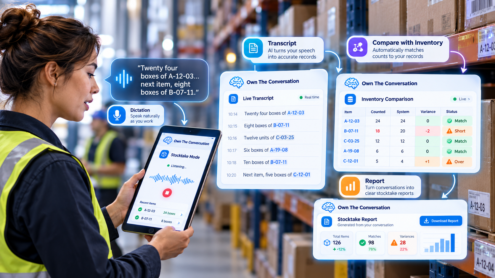 Conceptual Own The Conversation stocktake workflow using voice transcript comparison and reporting
