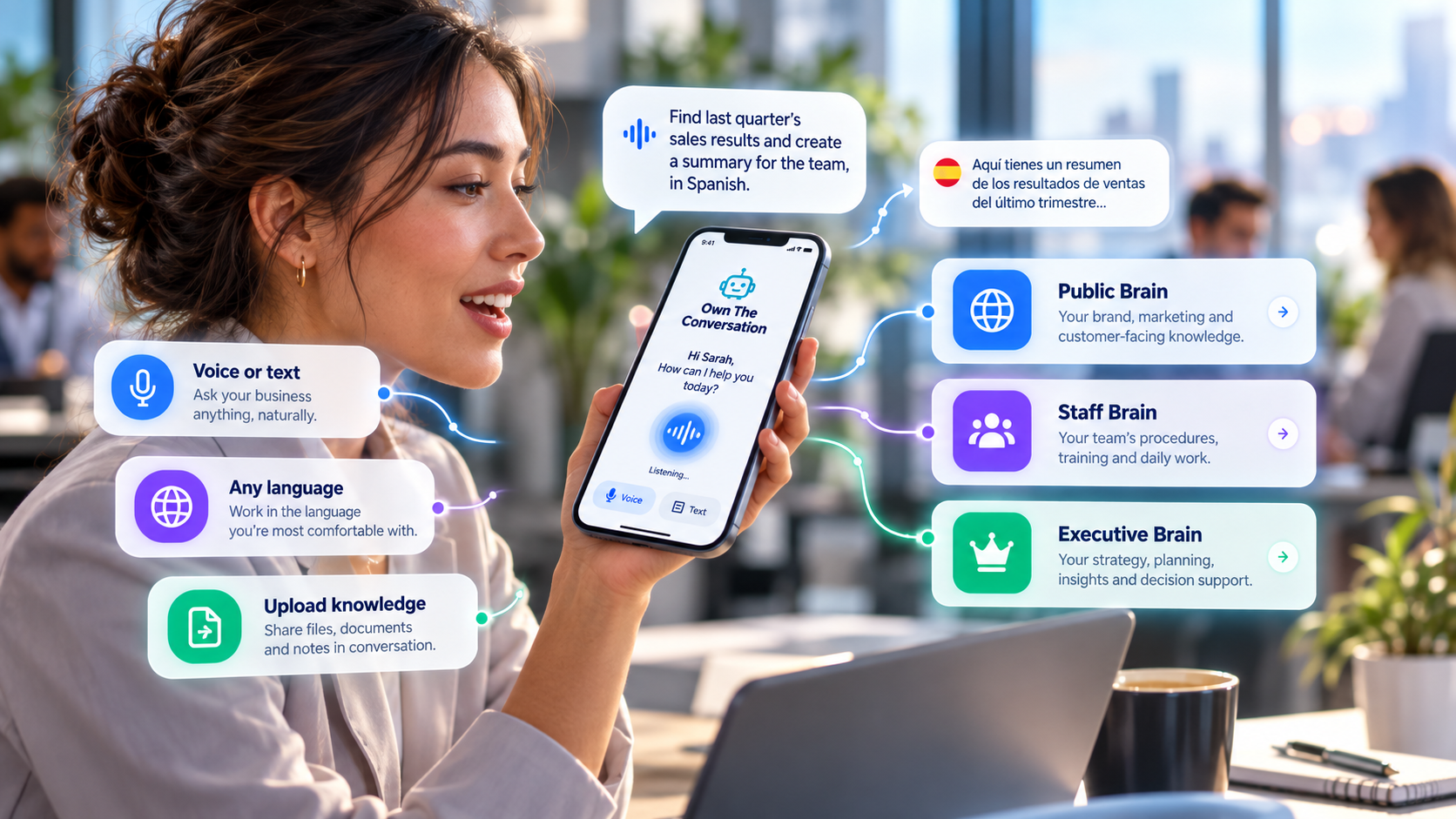 Staff member using the Own The Conversation voice and text assistant
