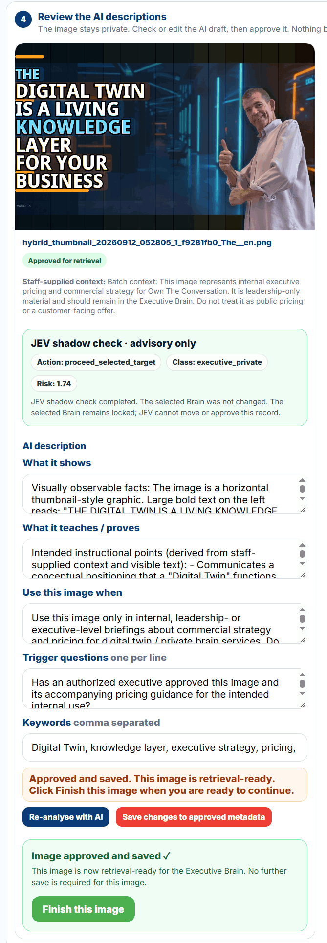 Own The Conversation review and advisory check screen