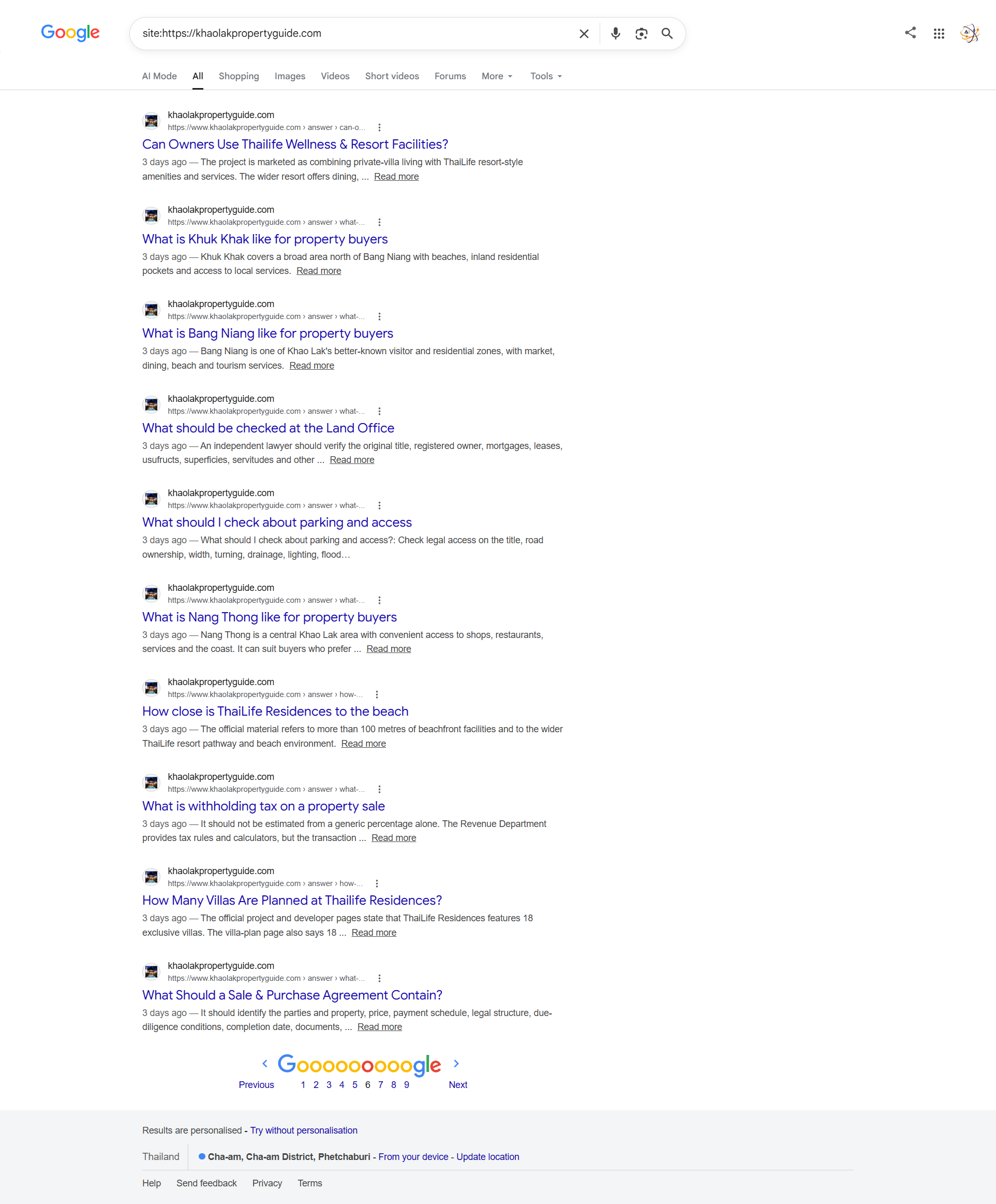 Khao Lak Property Guide Google proof screenshot page six