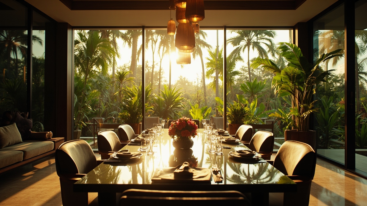 Dining Room With Garden View. Generated Hua Hin Property Guide visual context for property guide pages, buyer Q&A, assistant image replies and public image search. It is not a live property listing or agency photo. Topics: interiors, kitchens, bathrooms, bedrooms, open-plan living, home office, Interiors, Hua Hin Property Guide