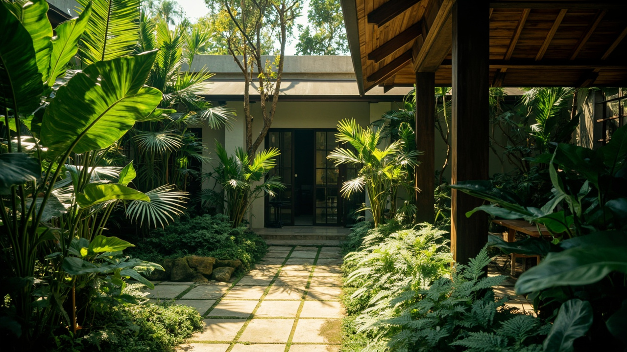 Tropical Garden Courtyard. Generated Hua Hin Property Guide visual context for property guide pages, buyer Q&A, assistant image replies and public image search. It is not a live property listing or agency photo. Topics: Hua Hin property guide, property guide imagery, buyer support, local lifestyle, General Property, Hua Hin Property Guide