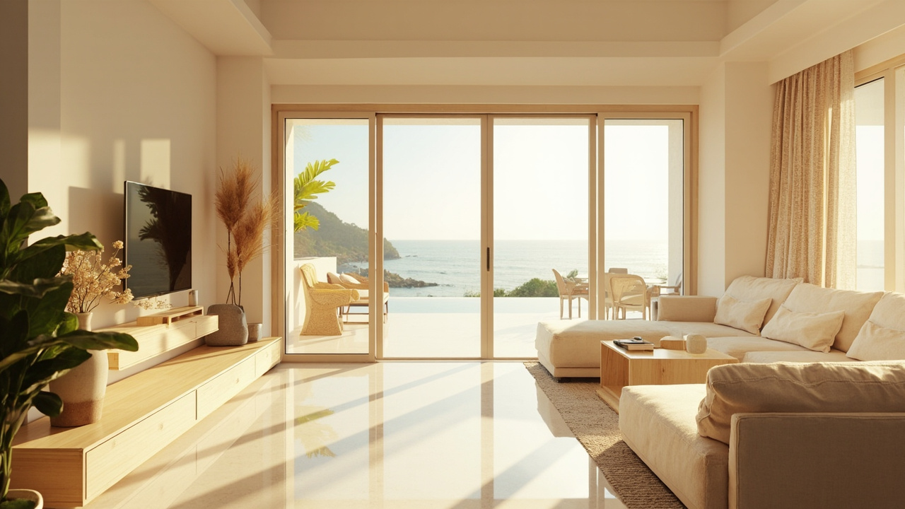 Minimalist Coastal Condo Interior. Generated Hua Hin Property Guide visual context for property guide pages, buyer Q&A, assistant image replies and public image search. It is not a live property listing or agency photo. Topics: condos, foreign quota, sea-view condo, lock-up-and-leave lifestyle, balcony living, beach proximity, near-beach property, sea views, coastal lifestyle, Hua Hin beach, interiors, kitchens, Condo Living, Hua Hin Property Guide