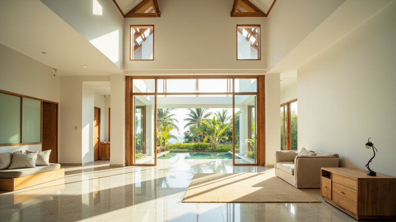 High Ceiling Living Space. Generated Hua Hin Property Guide visual context for property guide pages, buyer Q&A, assistant image replies and public image search. It is not a live property listing or agency photo. Topics: interiors, kitchens, bathrooms, bedrooms, open-plan living, home office, Interiors, Hua Hin Property Guide