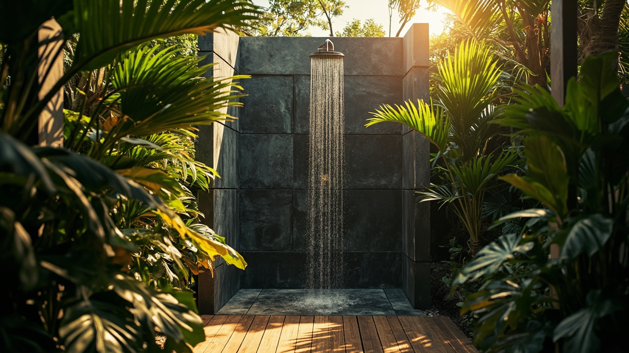 Outdoor Shower Or Spa Feel Bathroom. Generated Hua Hin Property Guide visual context for property guide pages, buyer Q&A, assistant image replies and public image search. It is not a live property listing or agency photo. Topics: interiors, kitchens, bathrooms, bedrooms, open-plan living, home office, Interiors, Hua Hin Property Guide