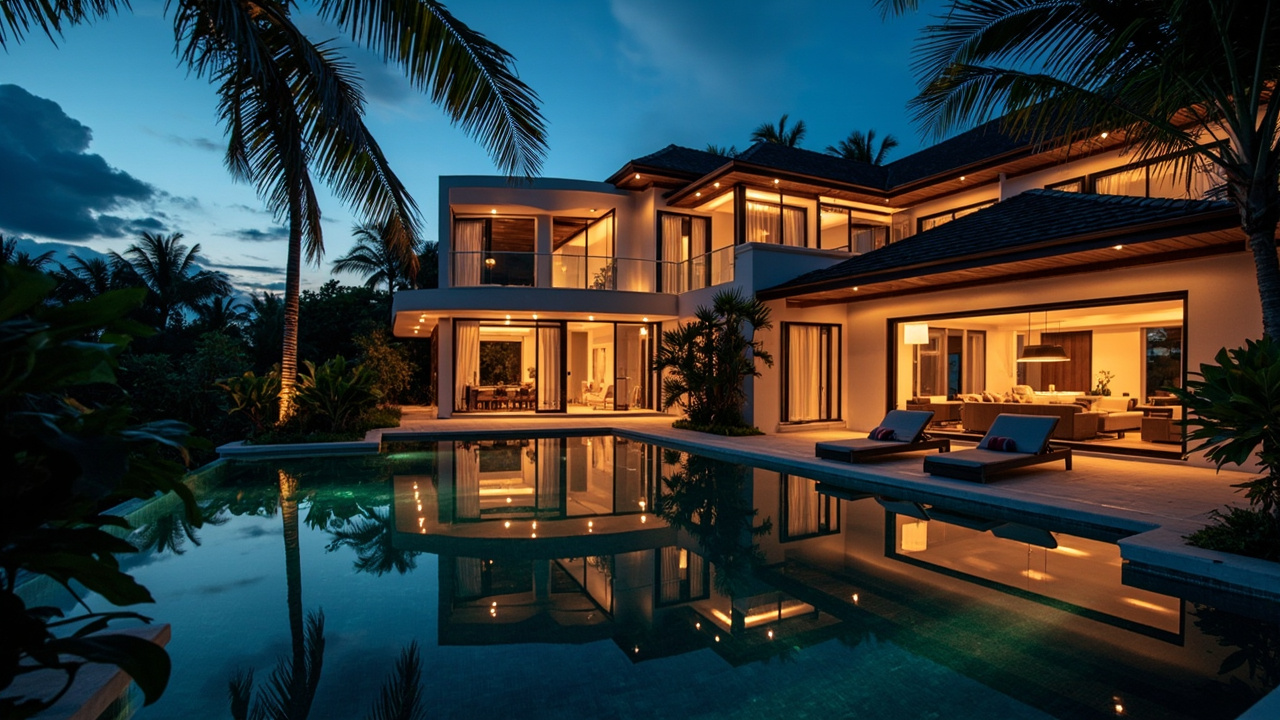 Evening Exterior Lighting At A Villa. Generated Hua Hin Property Guide visual context for property guide pages, buyer Q&A, assistant image replies and public image search. It is not a live property listing or agency photo. Topics: pool villas, family homes, gated estates, villa ownership, outdoor living, property inspections, drainage, maintenance, renovation checks, condition review, Villa Living, Hua Hin Property Guide