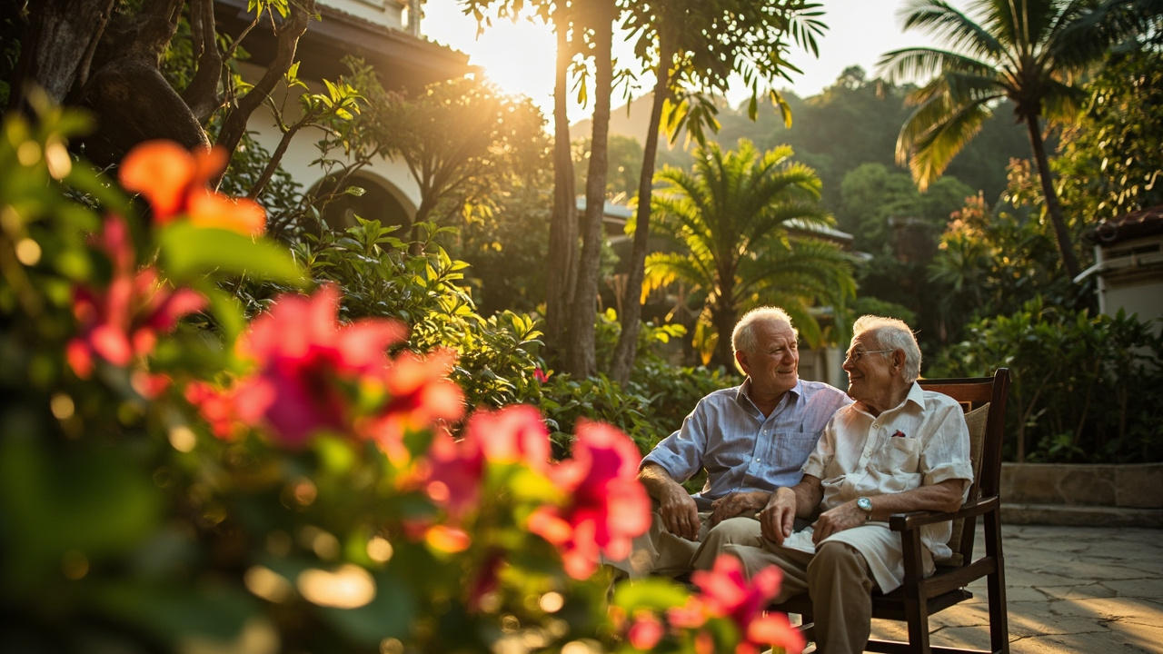 Retired Couple In Villa Garden. Generated Hua Hin Property Guide visual context for property guide pages, buyer Q&A, assistant image replies and public image search. It is not a live property listing or agency photo. Topics: pool villas, family homes, gated estates, villa ownership, outdoor living, foreign buyers, retirement property, investment property, buyer journey, Villa Living, Hua Hin Property Guide